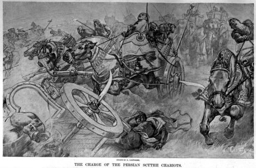 The_charge_of_the_Persian_scythed_chariots_at_the_battle_of_Gaugamela_by_Andre_Castaigne_(1898-1899)